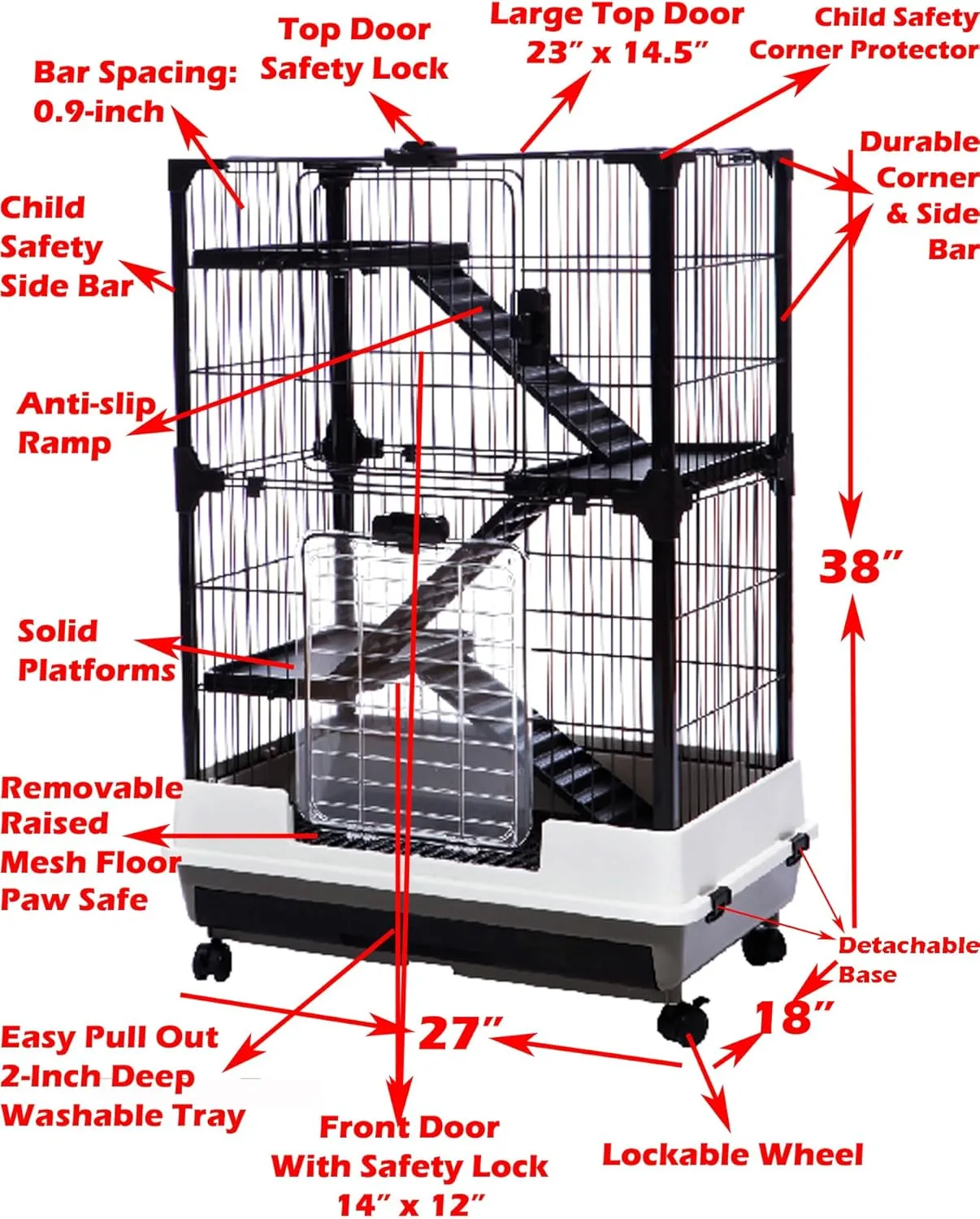 Large Deluxe Indoor/Outdoor Guinea Pig Chinchilla Ferret Squirrel Hedgehog Kitten Home Rabbit Bunny Hutch House Critter Habitat Easy Removable Washable 2-Inch Deep Tray Lockable Casters