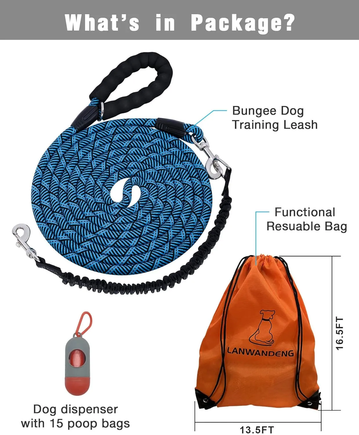 Long Dog Leash with Reflective Threads 15FT 20FT 30FT 50FT,Heavy Duty Bungee Dog Leashes for Small Medium Large Dogs,Shock Absorbing Training Leash for Walking,Hunting,Camping&Yard