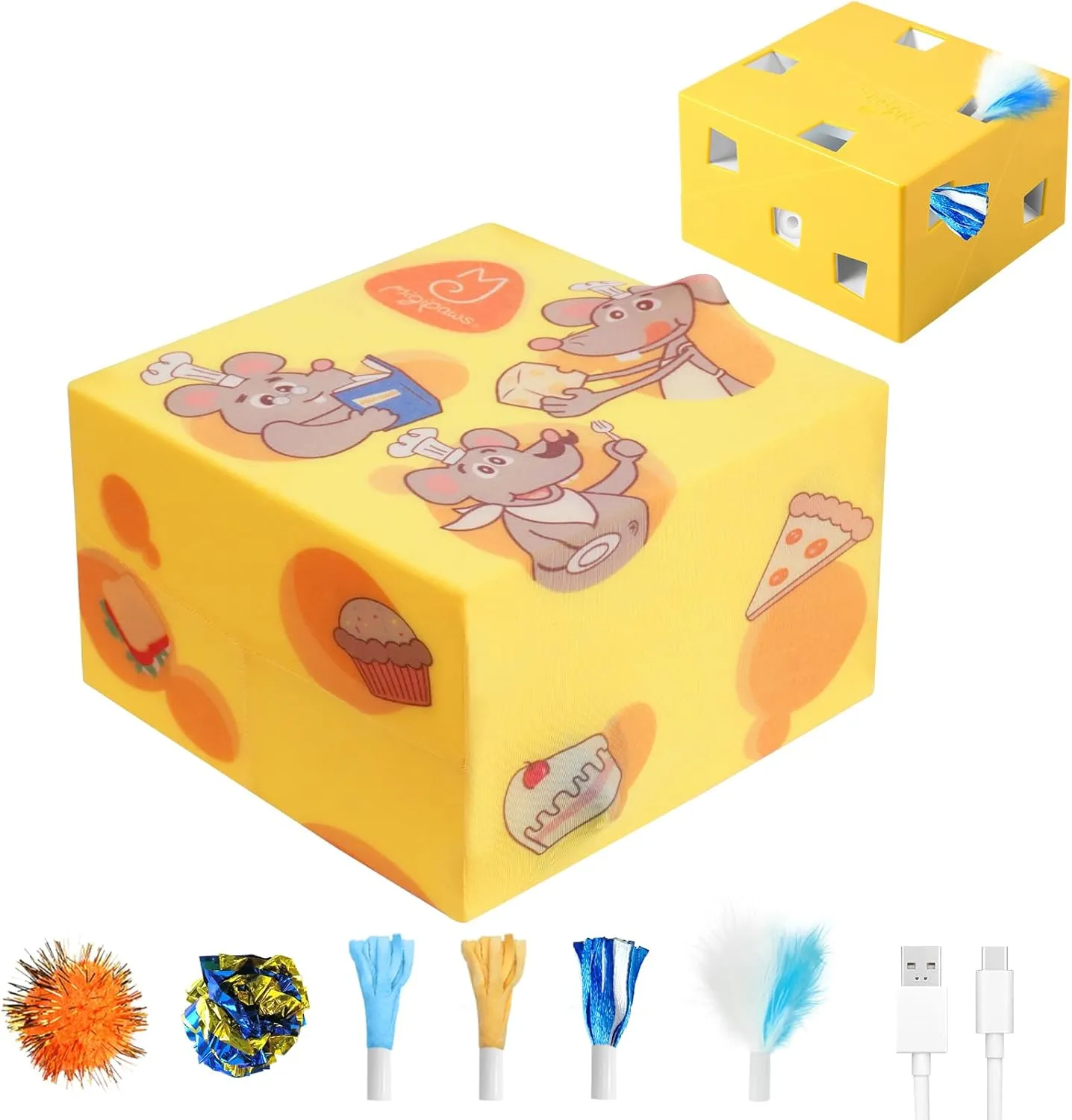 Migipaws Automatic MigiBox Plus Cat Toys 3 n1 Interactive Pounce Mystery Under PopSkin 12 Holes Cardboard Kitten Toys for Indoor Rechargable 8 Accessories(Yellow)