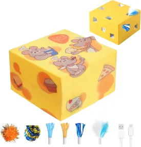 Migipaws Automatic MigiBox Plus Cat Toys 3 n1 Interactive Pounce Mystery Under PopSkin 12 Holes Cardboard Kitten Toys for Indoor Rechargable 8 Accessories(Yellow)