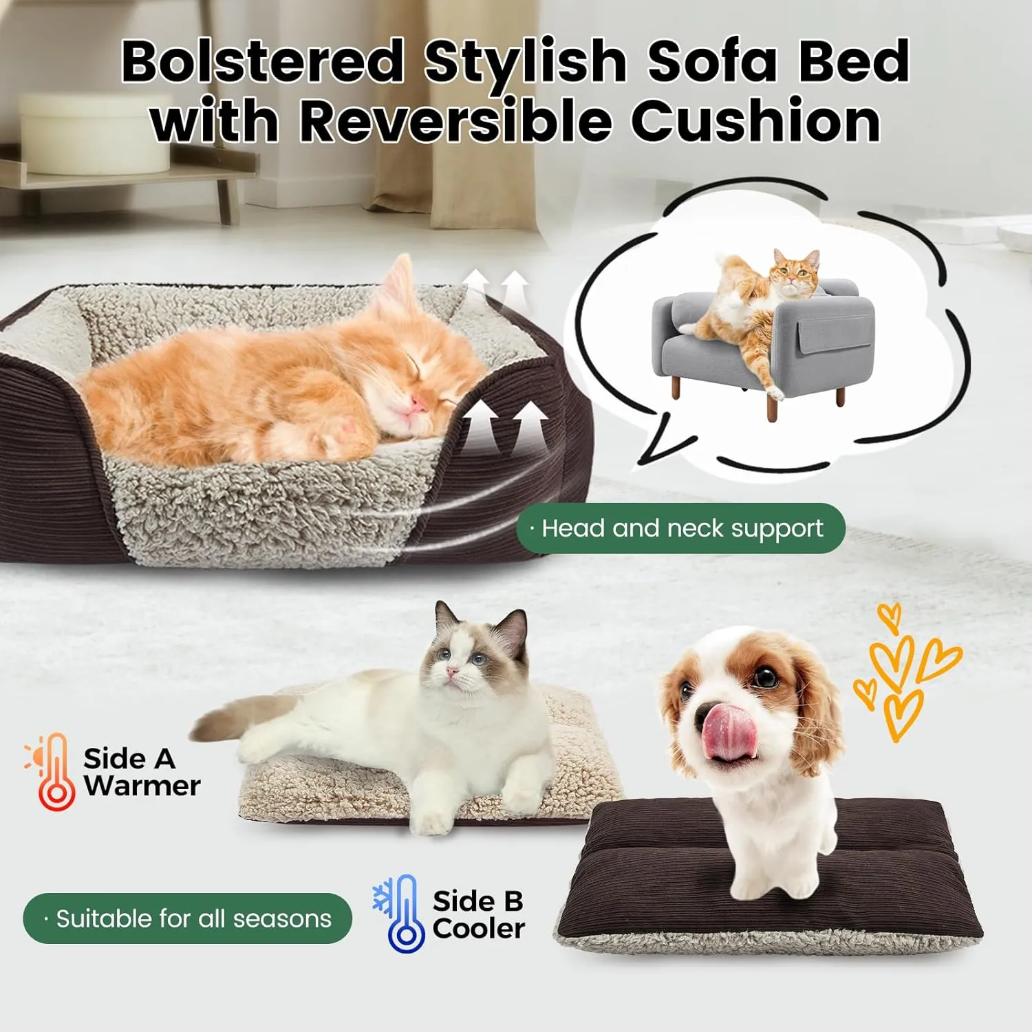 Miguel Washable Dog Bed with Removable Cushion for Small Dogs, Easy to Wash Pet Sofa Bed with Side, Rectangle Bolster Cat Bed Calming Cuddle Puppy Bed with Anti-Slip Bottom, Dark Brown 20 Inch