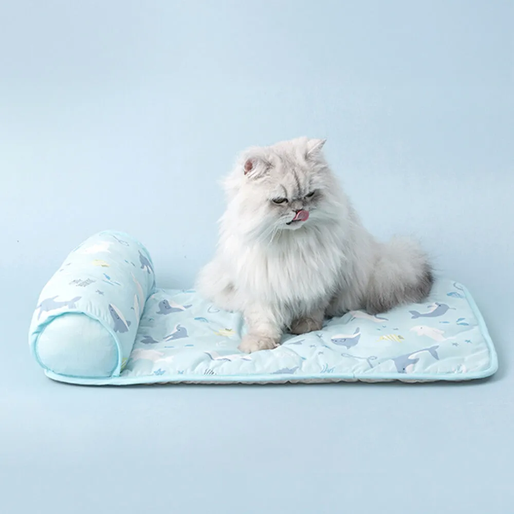 Ocean Series Ice Silk Breathable Cooling Dog Mat with Pillow