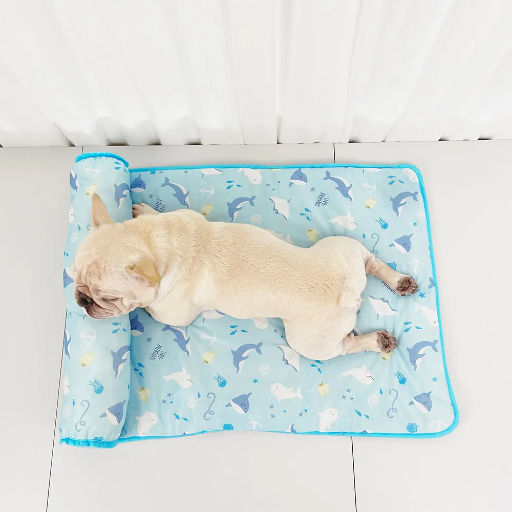 Ocean Series Ice Silk Breathable Cooling Dog Mat with Pillow