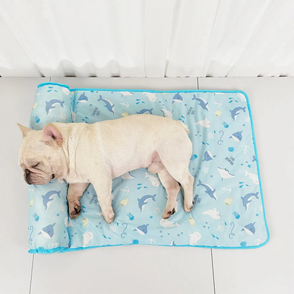 Ocean Series Ice Silk Breathable Cooling Dog Mat with Pillow
