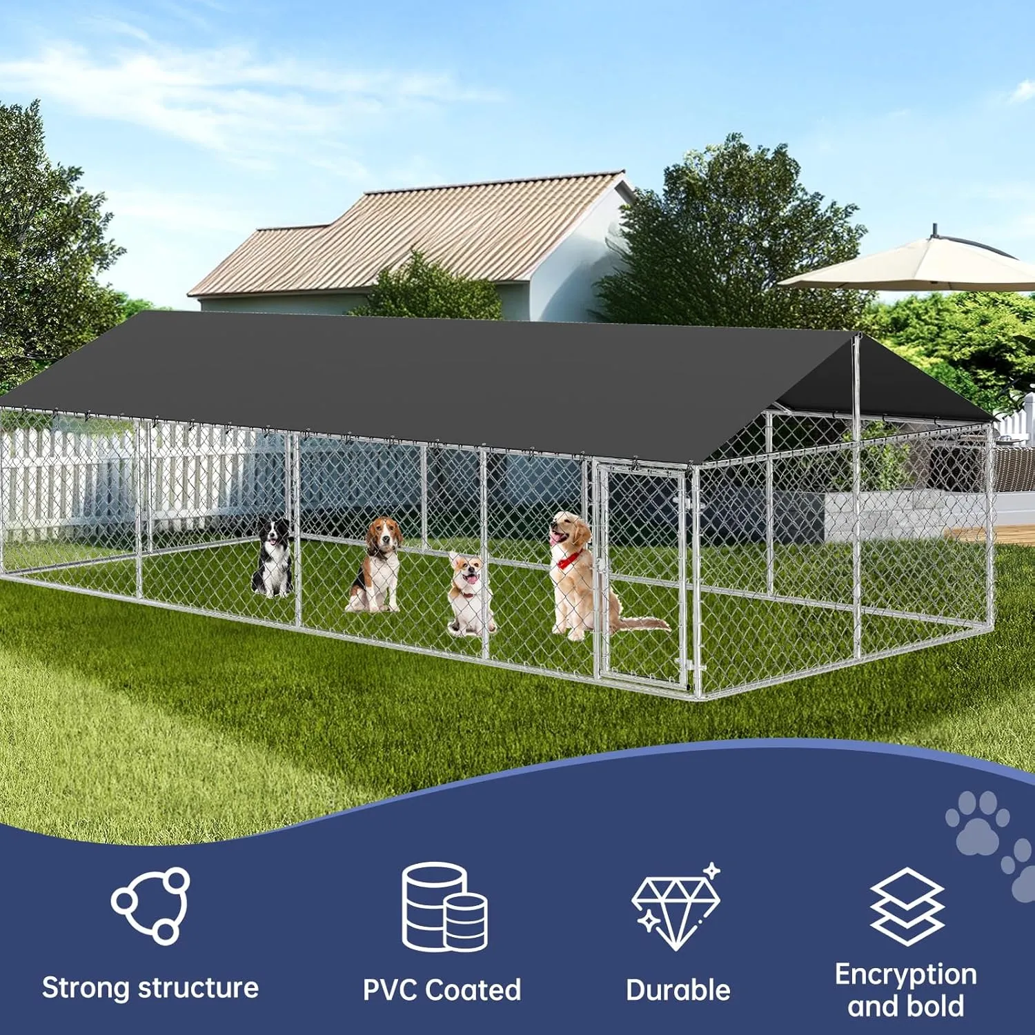 Outdoor Dog Enclosure Heavy Duty Dog Kennel House Mesh Dog Big Cage Pet Kennel Steel Fence with Secure Lock(236x 118)