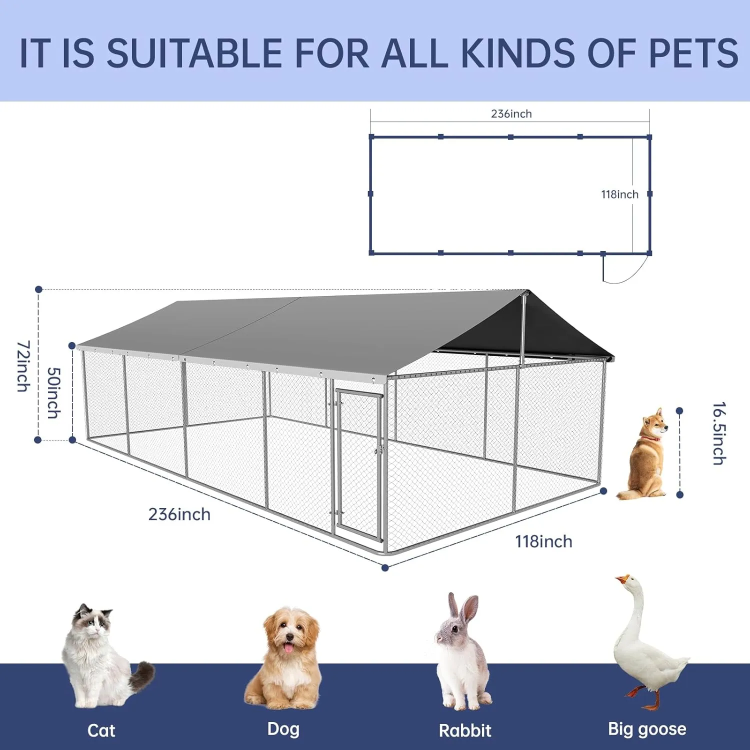 Outdoor Dog Enclosure Heavy Duty Dog Kennel House Mesh Dog Big Cage Pet Kennel Steel Fence with Secure Lock(236x 118)