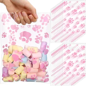 Pasimy 100 Pcs Dog Paw Gift Bags Bulk Pet Paw Puppy Print Plastic Treat Favor Candy Goodie Bags with Handle for Dog Birthday Party Decoration Supplies(Clear Pink)