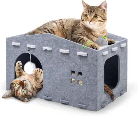 Peekaboo Pet Cave Cat Bed - Foldable Hideaway with Fluffy Ball & Catnip Toy for Large Cats Up to 33 Lbs - Scratch Resistant Felt Cube - Grey