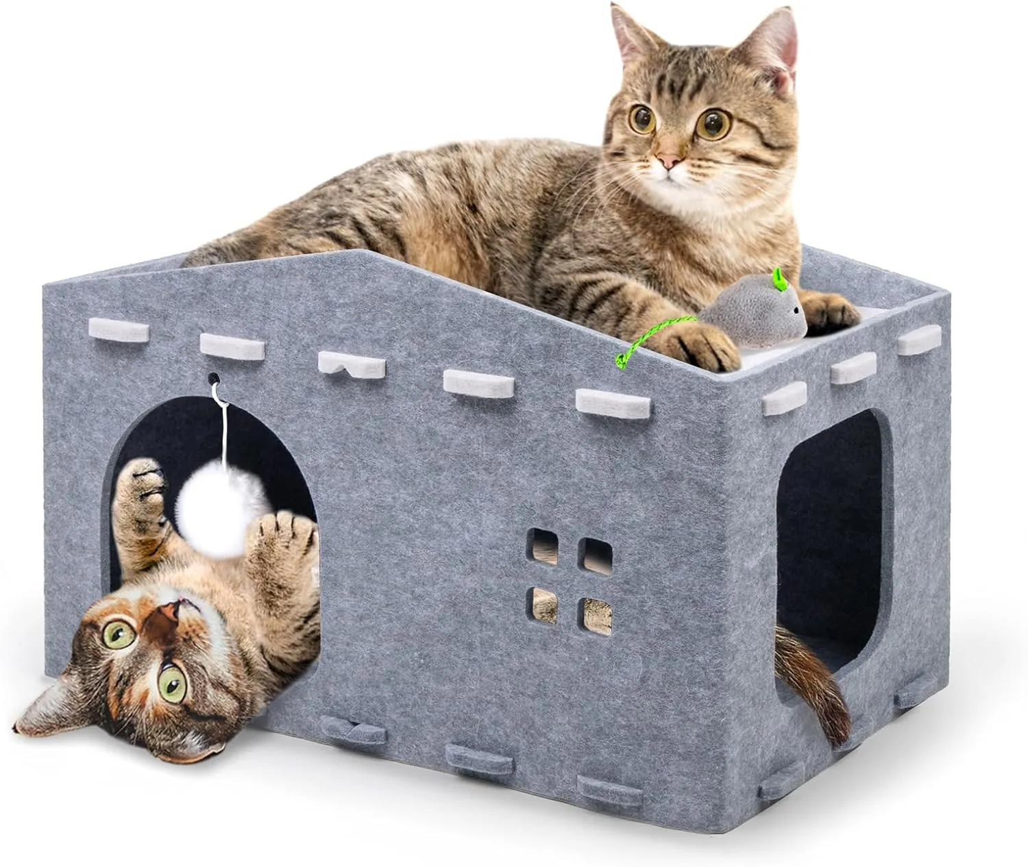 Peekaboo Pet Cave Cat Bed - Foldable Hideaway with Fluffy Ball & Catnip Toy for Large Cats Up to 33 Lbs - Scratch Resistant Felt Cube - Grey