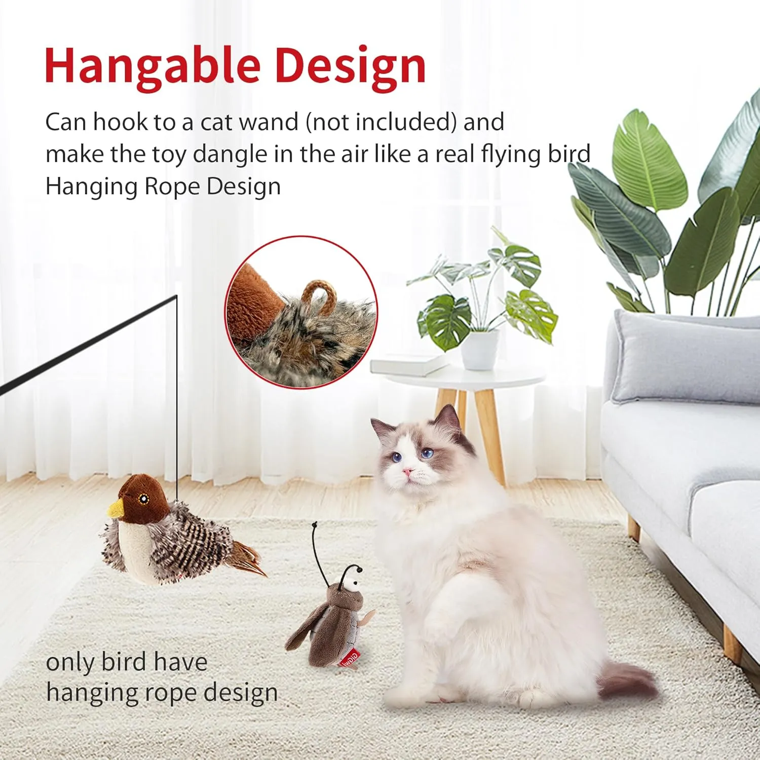 PETGEEK Gigwi Simulated Chirping Bird Cat Toy, Fake Toys for Indoor Cats, Cat Feather Toy with Hanging Loop for Bored Indoor Adult Cats Kittens Interactive Play (Bird-Cricket, Chirping)