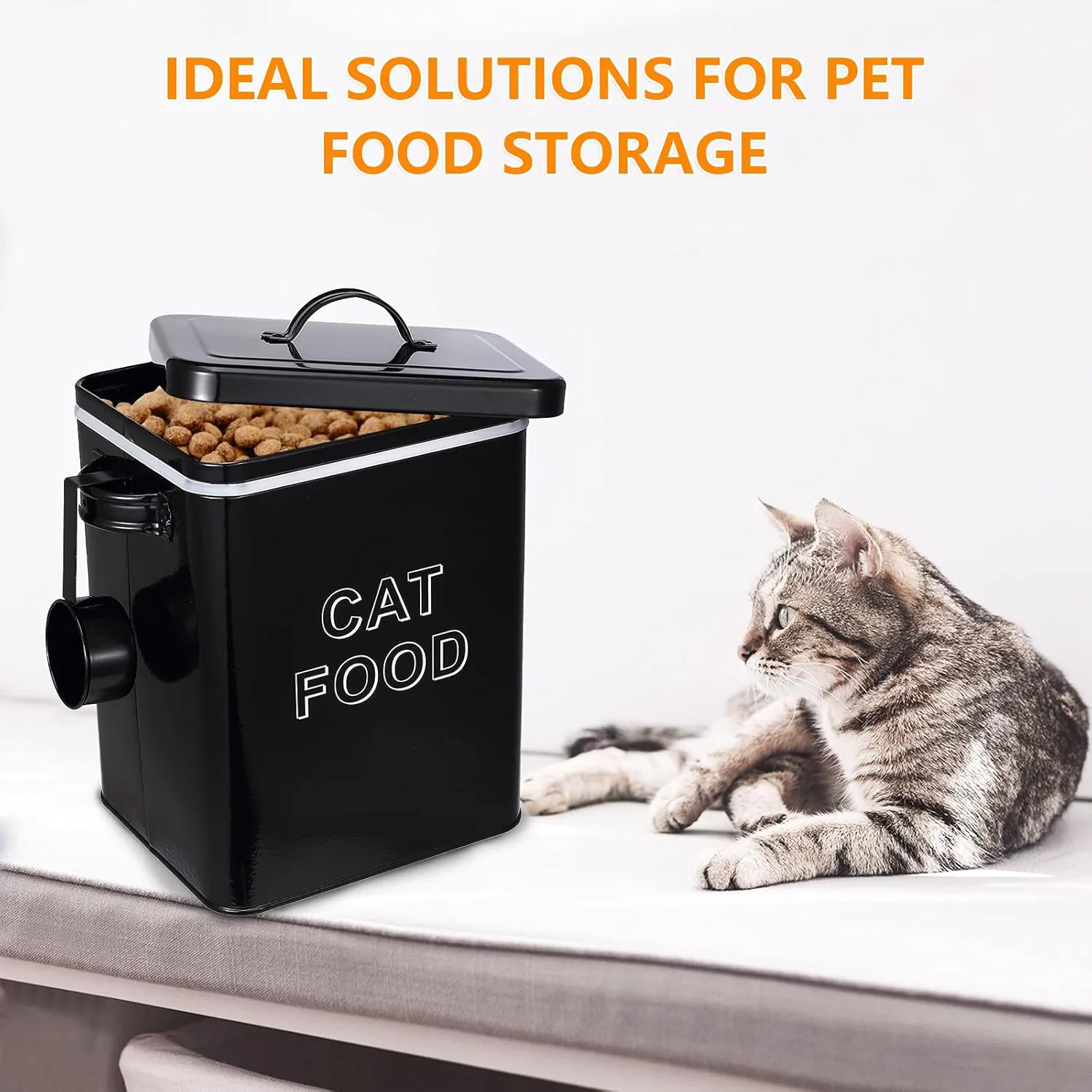 Pethiy Cat Food and Treats Containers Set with Scoop for Cats or Dogs -Tight Fitting Wood Lids - Coated Carbon Steel - Storage Canister Tins-Cat-Black