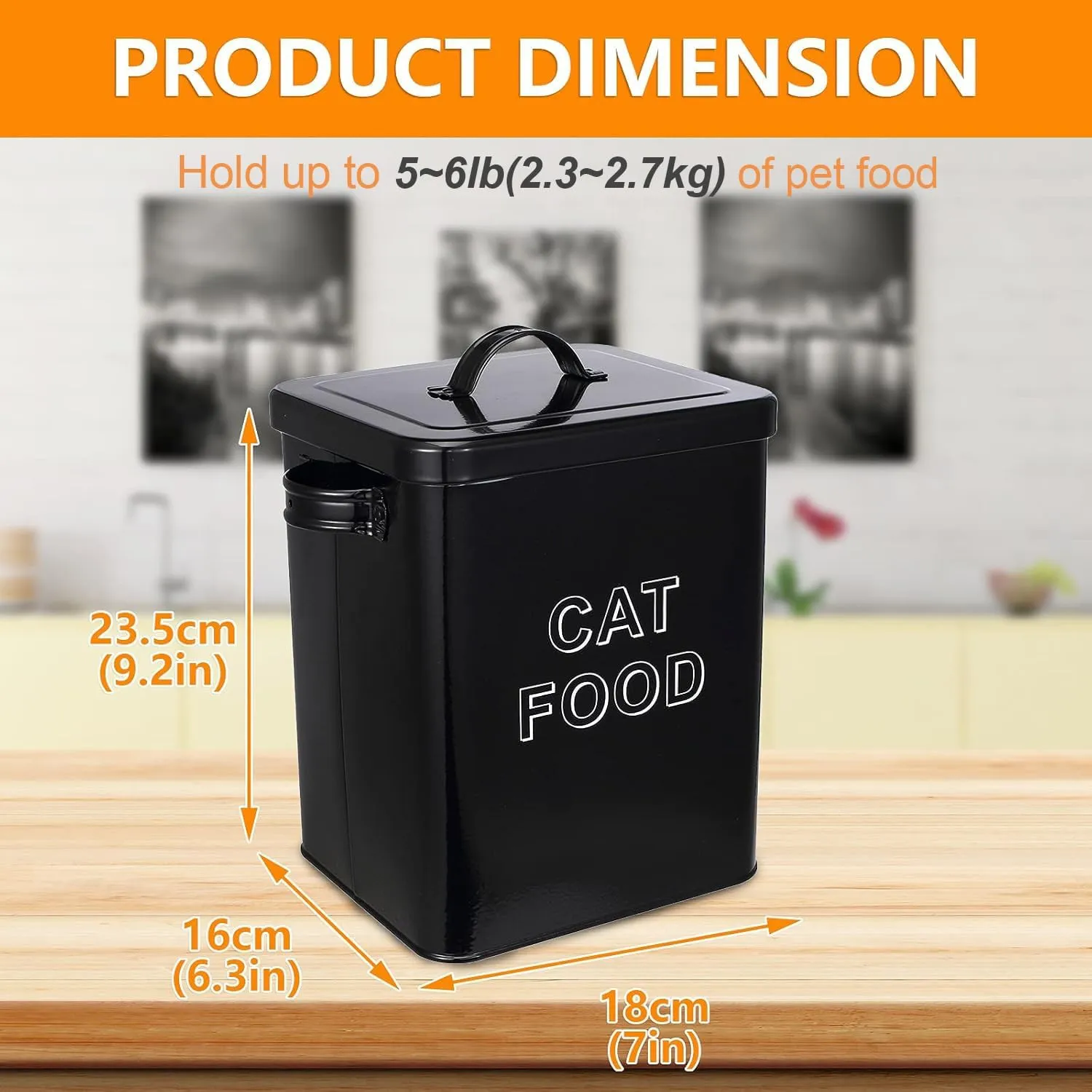 Pethiy Cat Food and Treats Containers Set with Scoop for Cats or Dogs -Tight Fitting Wood Lids - Coated Carbon Steel - Storage Canister Tins-Cat-Black