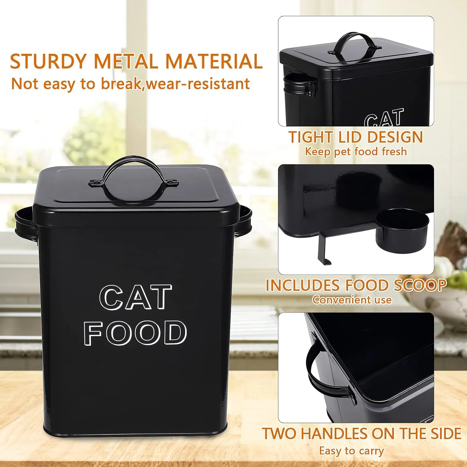 Pethiy Cat Food and Treats Containers Set with Scoop for Cats or Dogs -Tight Fitting Wood Lids - Coated Carbon Steel - Storage Canister Tins-Cat-Black