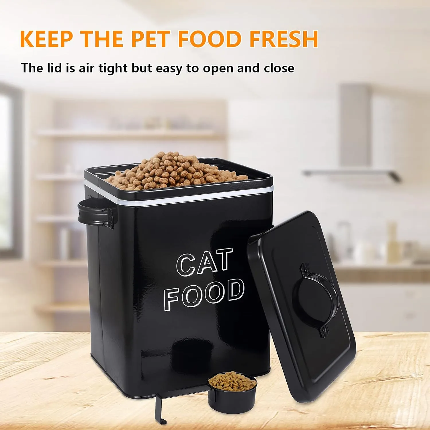 Pethiy Cat Food and Treats Containers Set with Scoop for Cats or Dogs -Tight Fitting Wood Lids - Coated Carbon Steel - Storage Canister Tins-Cat-Black
