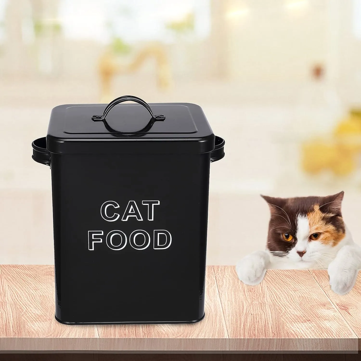 Pethiy Cat Food and Treats Containers Set with Scoop for Cats or Dogs -Tight Fitting Wood Lids - Coated Carbon Steel - Storage Canister Tins-Cat-Black