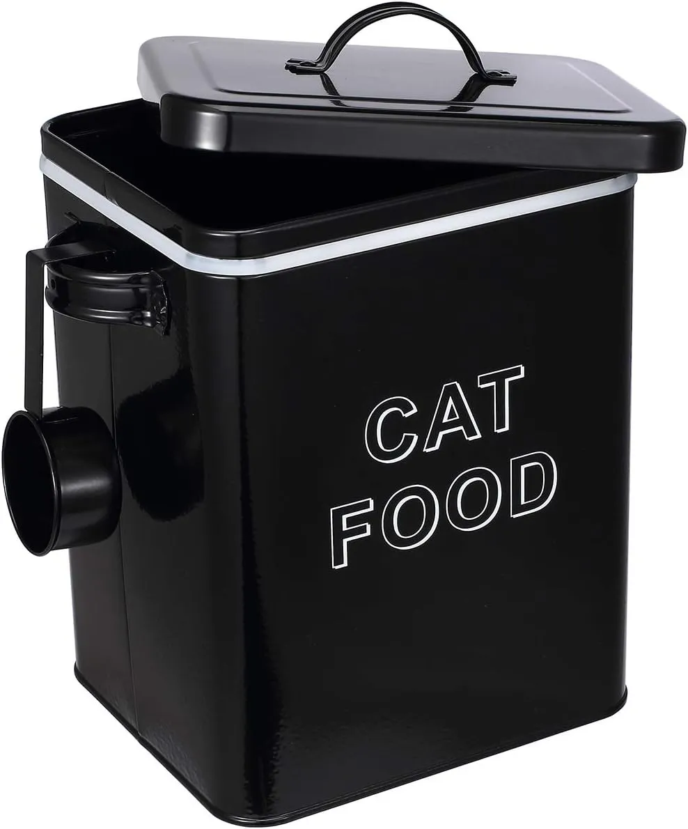 Pethiy Cat Food and Treats Containers Set with Scoop for Cats or Dogs -Tight Fitting Wood Lids - Coated Carbon Steel - Storage Canister Tins-Cat-Black