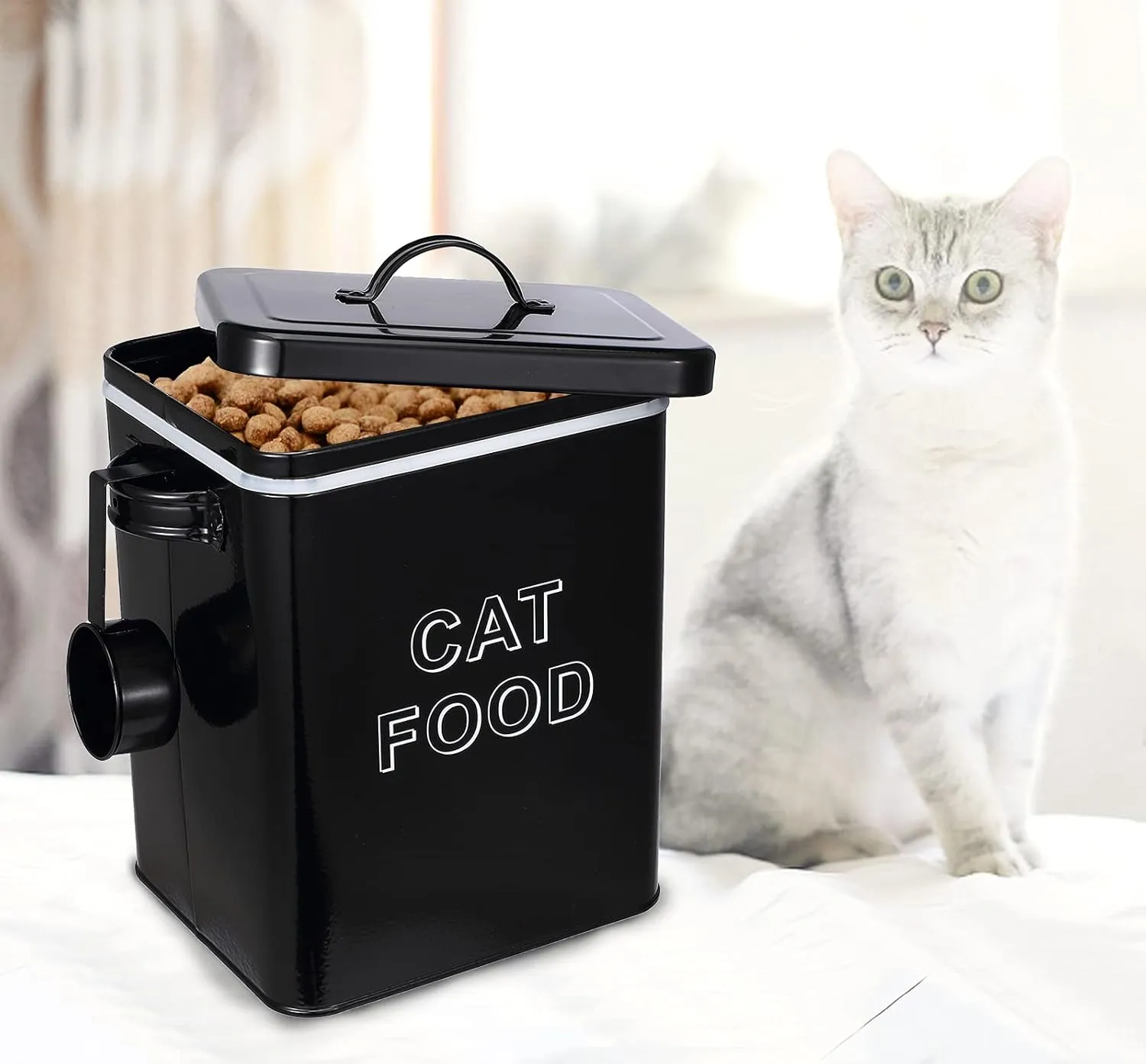 Pethiy Cat Food and Treats Containers Set with Scoop for Cats or Dogs -Tight Fitting Wood Lids - Coated Carbon Steel - Storage Canister Tins-Cat-Black