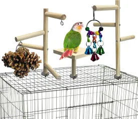 PINVNBY 3 PCS Wooden Small Bird Playground for Top of Cage, Wood Parrot Stands Perch Birds Gym with Hanging Chewing Toys Bird Cage Accessories for Parakeet Conure Love Birds Budgie