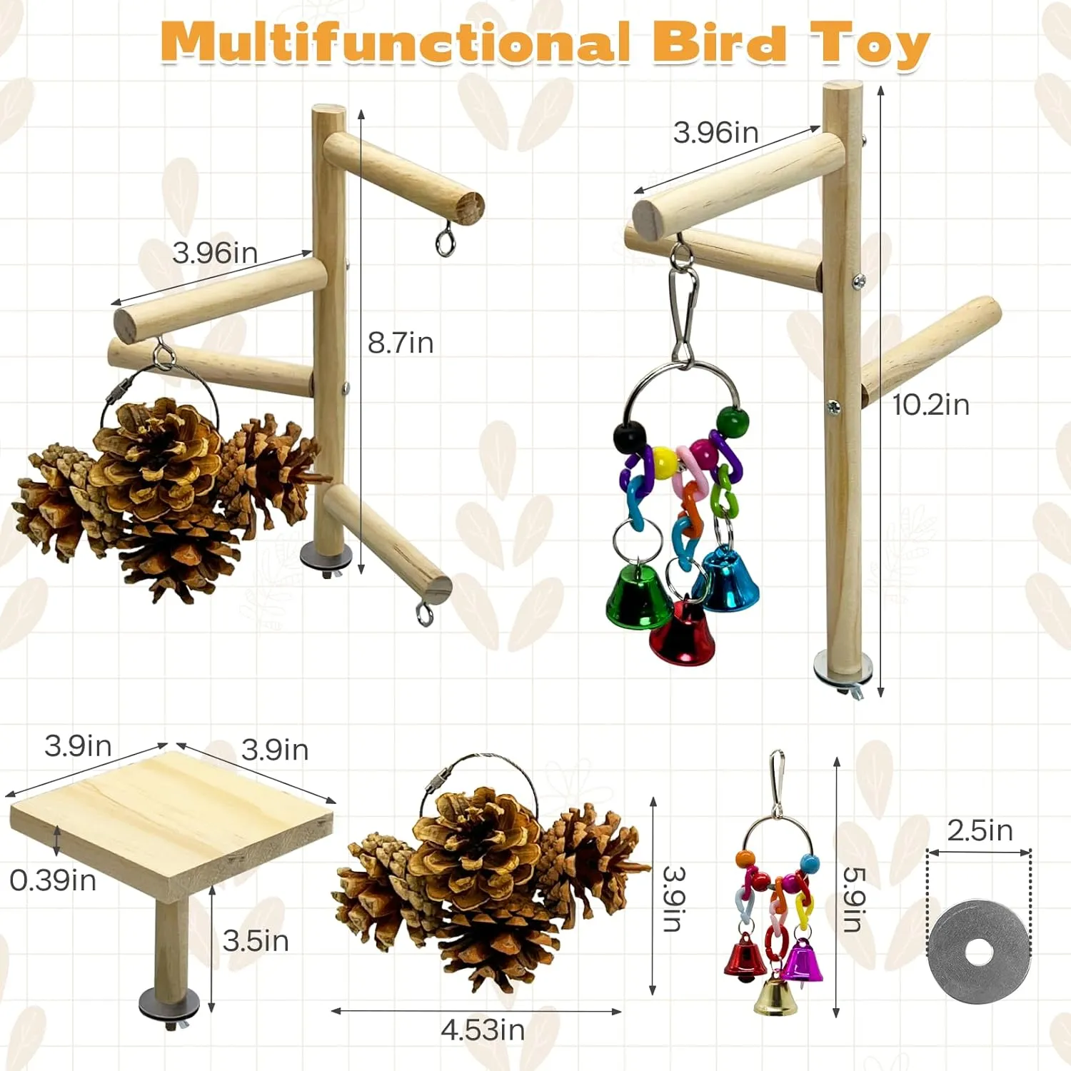 PINVNBY 3 PCS Wooden Small Bird Playground for Top of Cage, Wood Parrot Stands Perch Birds Gym with Hanging Chewing Toys Bird Cage Accessories for Parakeet Conure Love Birds Budgie