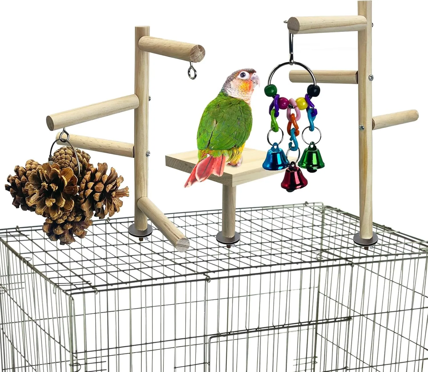 PINVNBY 3 PCS Wooden Small Bird Playground for Top of Cage, Wood Parrot Stands Perch Birds Gym with Hanging Chewing Toys Bird Cage Accessories for Parakeet Conure Love Birds Budgie