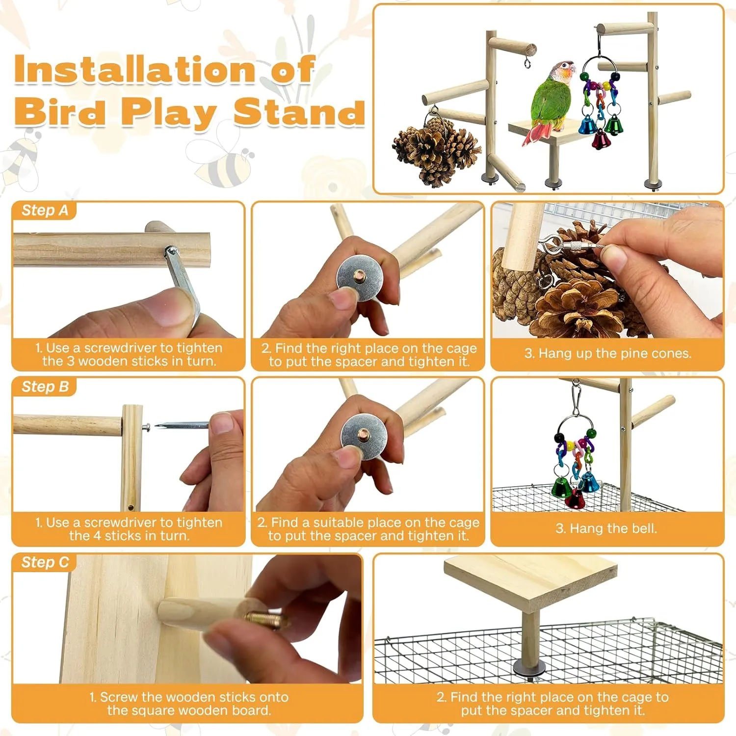 PINVNBY 3 PCS Wooden Small Bird Playground for Top of Cage, Wood Parrot Stands Perch Birds Gym with Hanging Chewing Toys Bird Cage Accessories for Parakeet Conure Love Birds Budgie