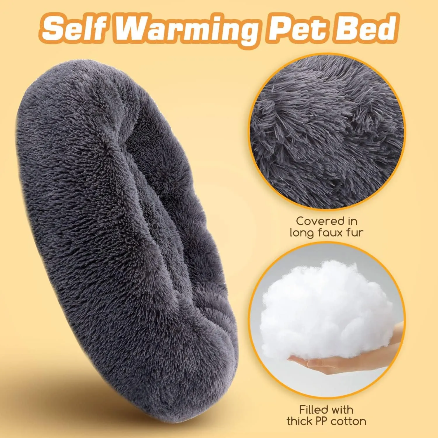 Plush Donut Calming Cat Dog Bed, Extra Large Anti Anxiety Round Fluffy Big Pet Bed, Washable Self Warming Soft Durable Cute XXL Puppy Beds for Large Medium Small Dogs,Gold,40cm/16in