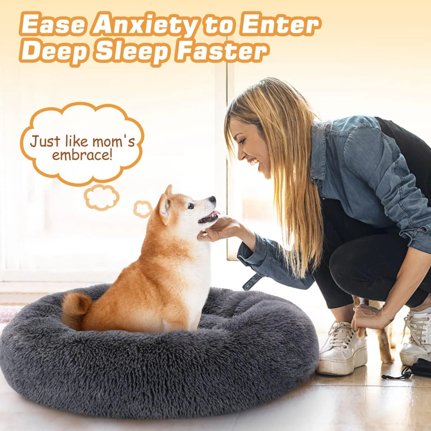 Plush Donut Calming Cat Dog Bed, Extra Large Anti Anxiety Round Fluffy Big Pet Bed, Washable Self Warming Soft Durable Cute XXL Puppy Beds for Large Medium Small Dogs,Gold,40cm/16in