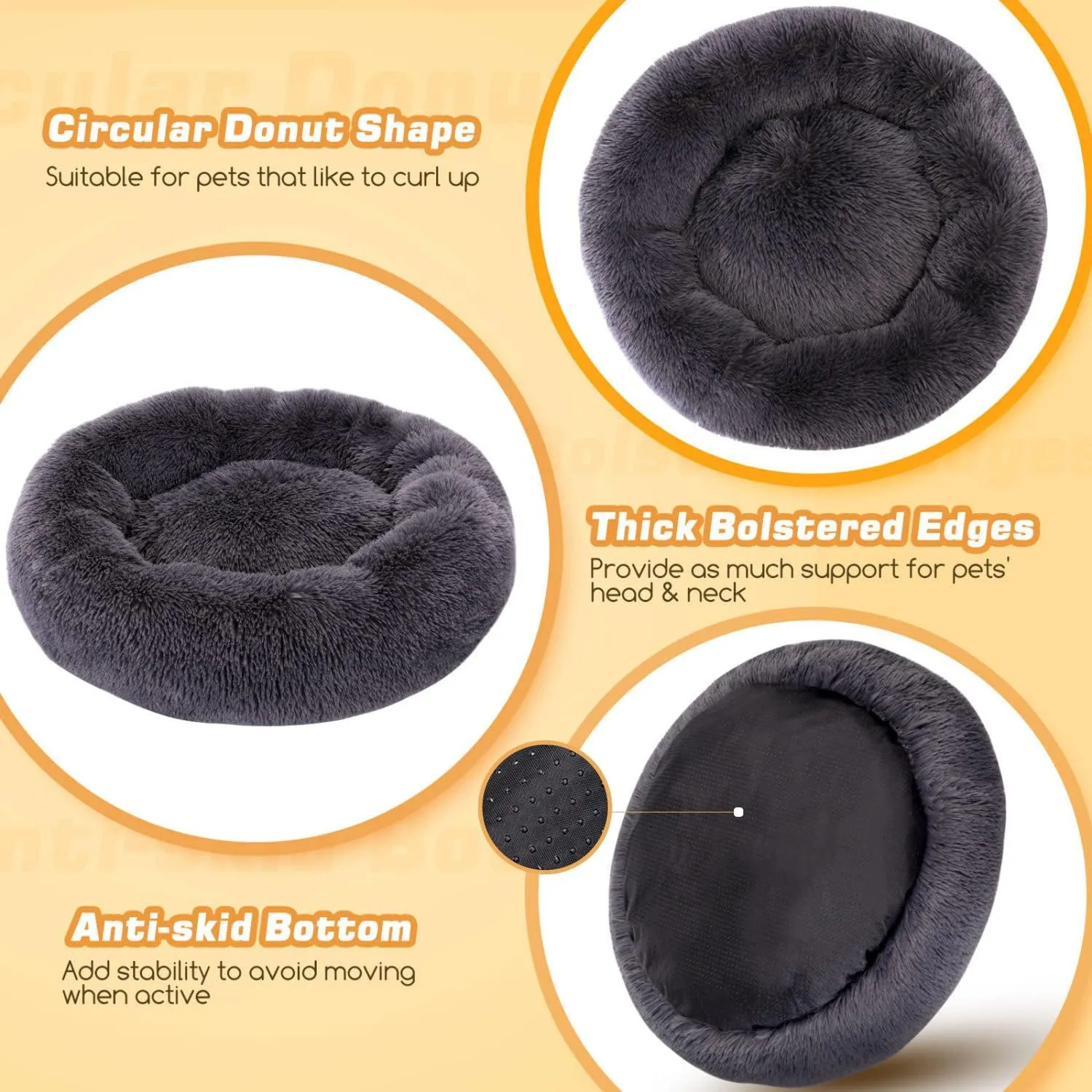 Plush Donut Calming Cat Dog Bed, Extra Large Anti Anxiety Round Fluffy Big Pet Bed, Washable Self Warming Soft Durable Cute XXL Puppy Beds for Large Medium Small Dogs,Gold,40cm/16in