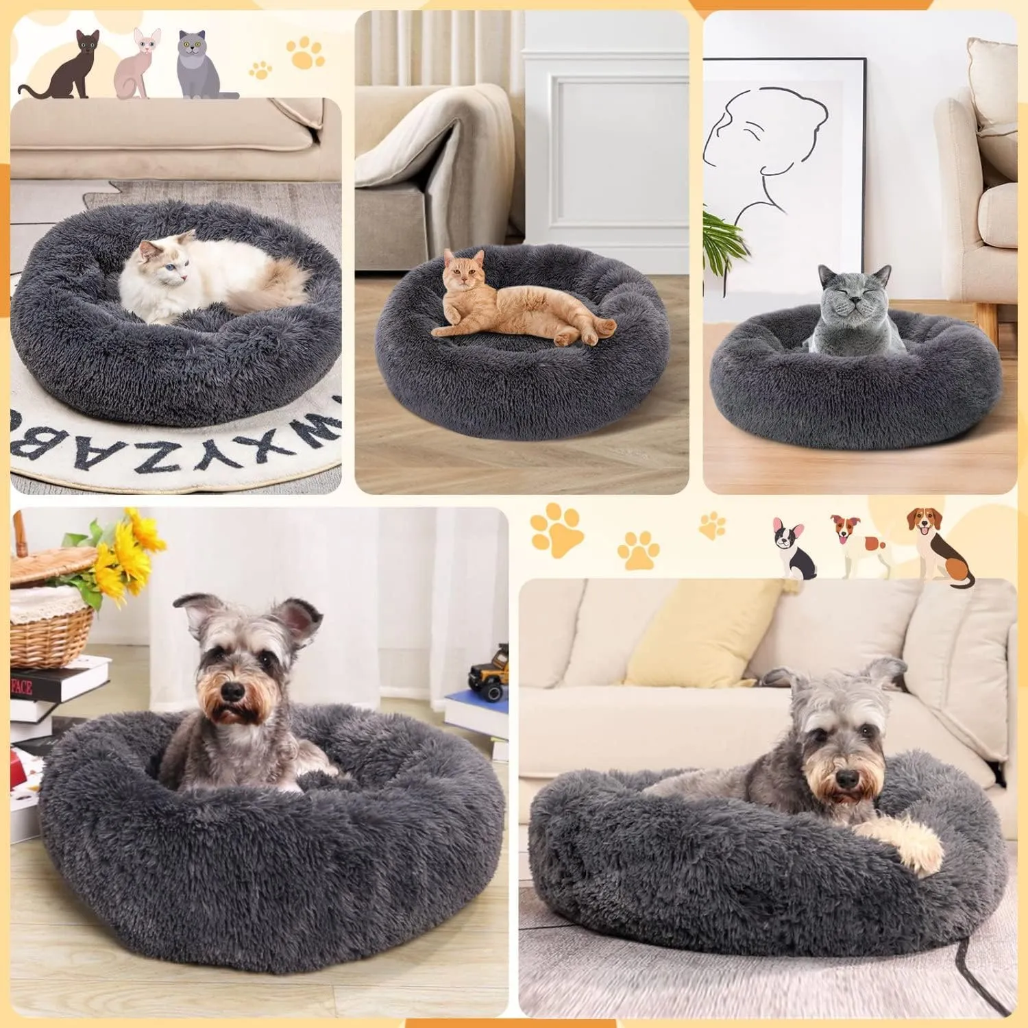 Plush Donut Calming Cat Dog Bed, Extra Large Anti Anxiety Round Fluffy Big Pet Bed, Washable Self Warming Soft Durable Cute XXL Puppy Beds for Large Medium Small Dogs,Gold,40cm/16in