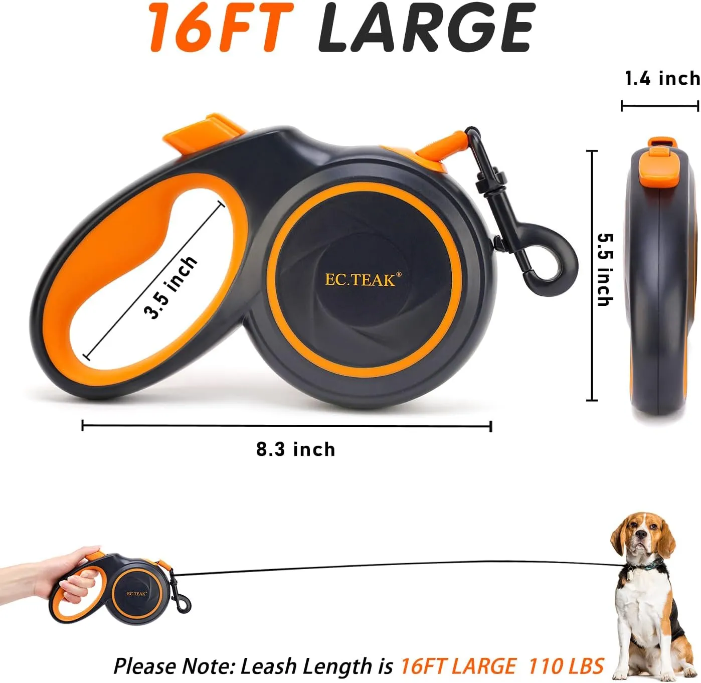 Retractable Dog Leash, Great Leash Retractable for Small/Medium/Large Dogs up to 110 lbs, Strong Nylon Tape, Tangle Free, One-Hand Brake