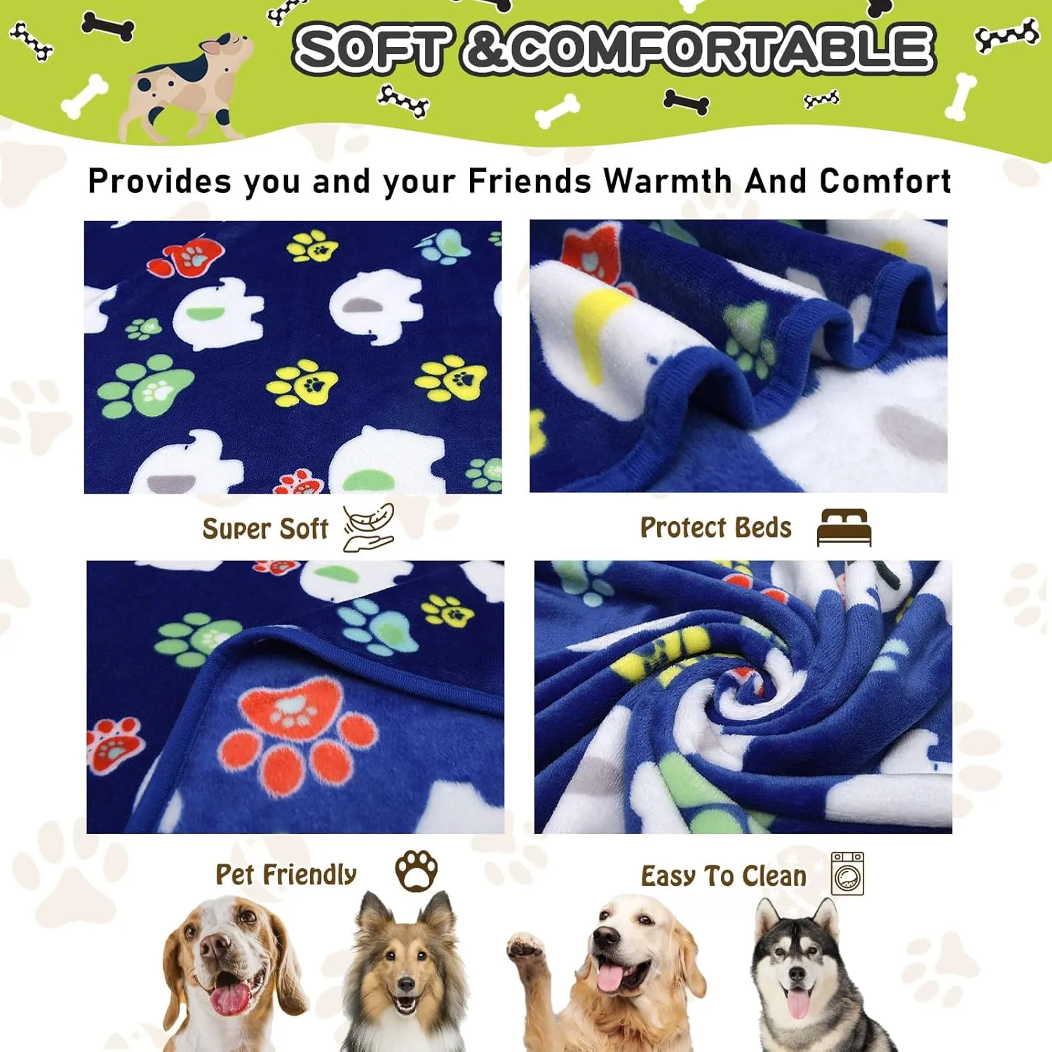 Rezutan Soft Fleece Dog Blanket, 60X50 inches, Blue Elephant Pattern and Paw Prints, Polyester, Breathable, Fade Resistant, Lightweight, Machine Wash