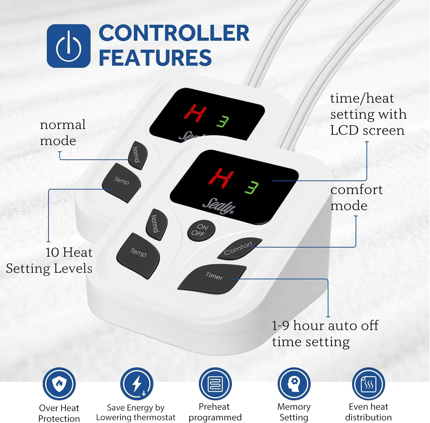 Sealy Heated Mattress Pad Queen Size 60x80 Inch with Dual Control 10 Heated Settings | Zone Heating Electric Mattress Pad | Auto Shut Off 1-9 Hours| Fit Up to 17" Deep Pocket | Machine Washable