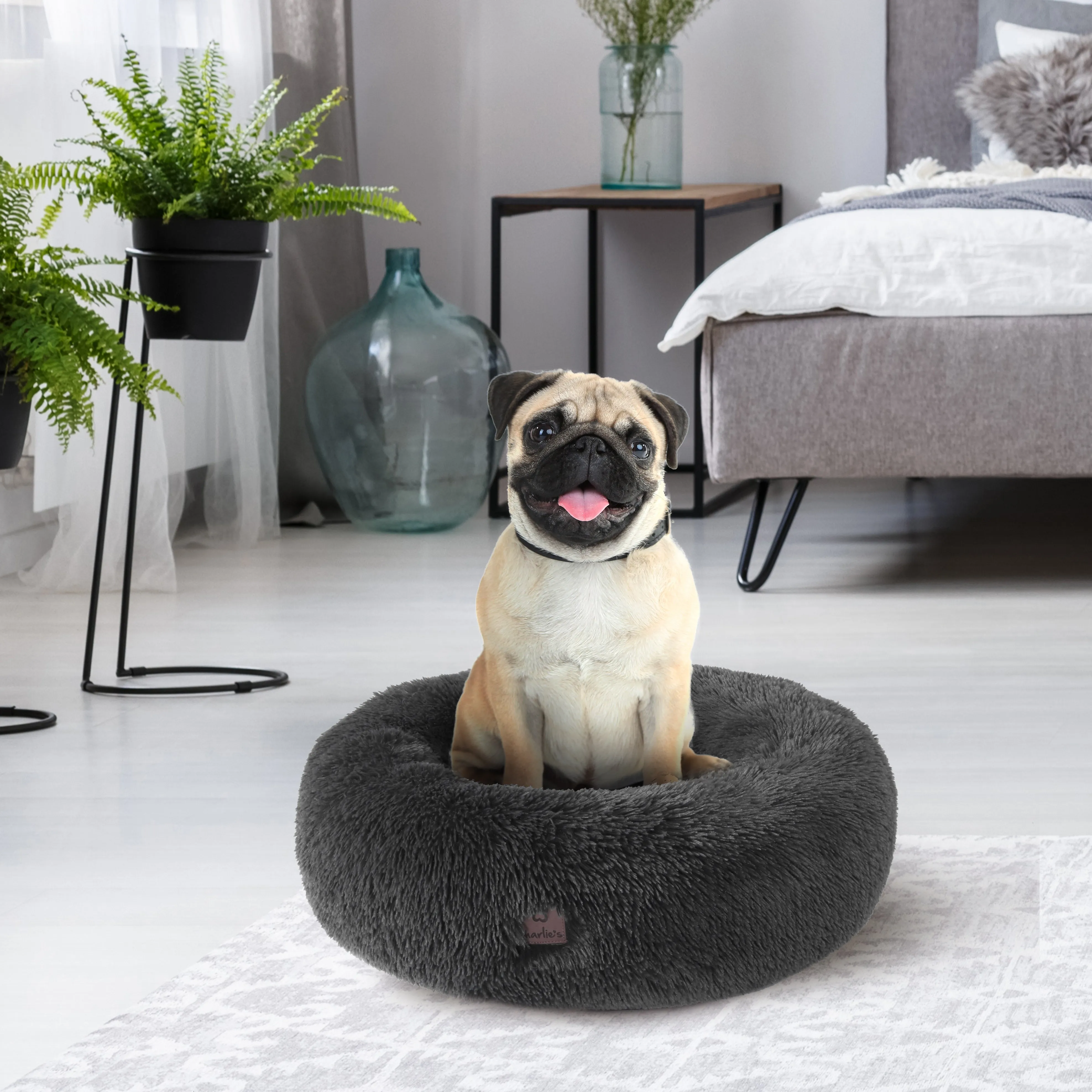 Shaggy Faux Fur Donut Calming Pet Nest Bed - Charcoal