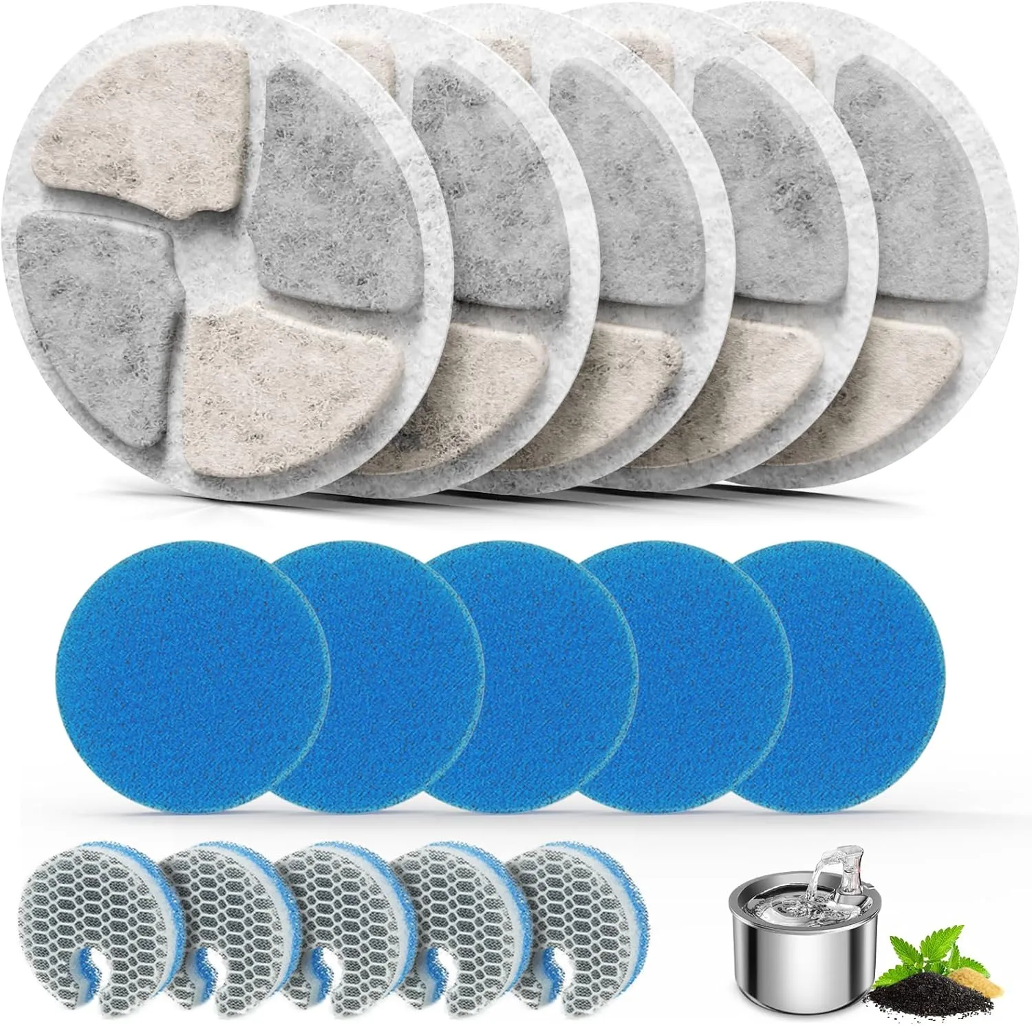 Stainless Steel Cat Water Fountain Filters, 5 Pack Replacement Filters Fit for Round 2L/67oz Automatic Pet Fountain, Filter with Triple Filtration System (5 5 5)