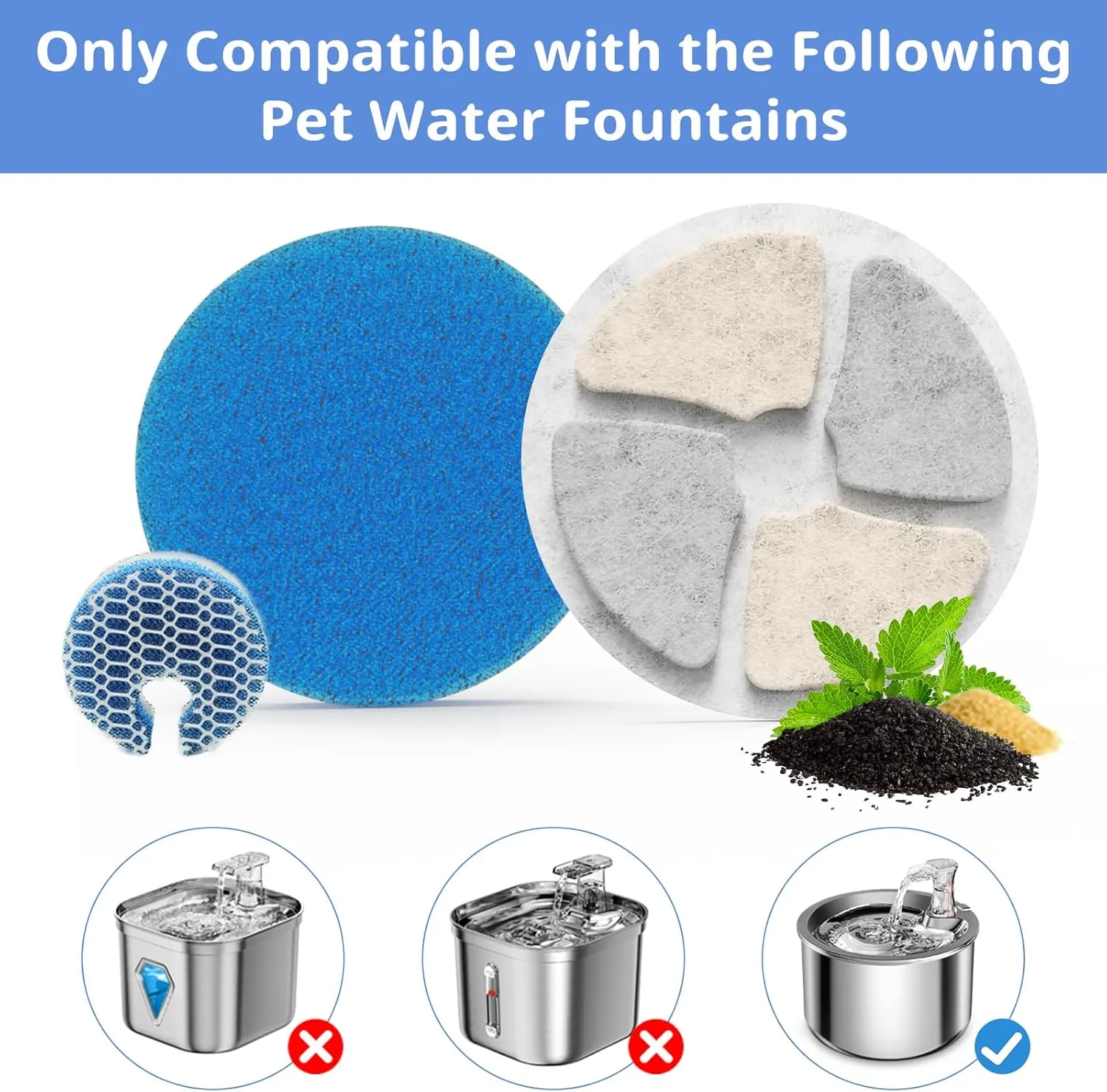 Stainless Steel Cat Water Fountain Filters, 5 Pack Replacement Filters Fit for Round 2L/67oz Automatic Pet Fountain, Filter with Triple Filtration System (5 5 5)