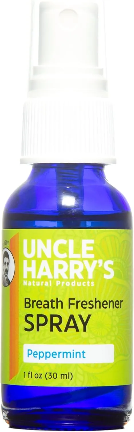 Uncle Harrys Natural Products Breath Freshener Spray with Pure Organic Pacific Northwest Peppermint Oil and Colloidal Silver  Aids Digestion, Cleanses Mouth, Keeps Breath Minty Fresh, 1 Fluid Ounce