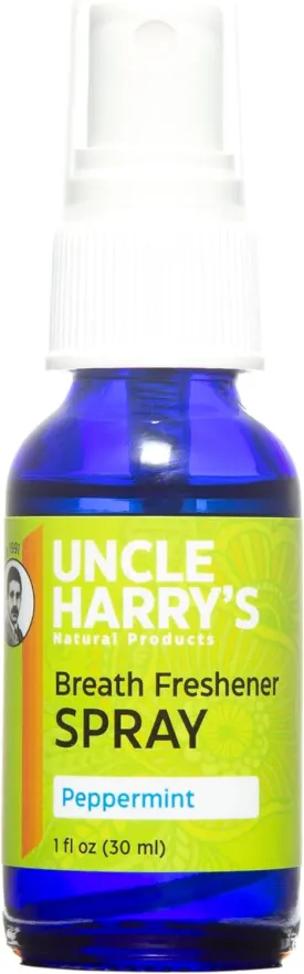 Uncle Harrys Natural Products Breath Freshener Spray with Pure Organic Pacific Northwest Peppermint Oil and Colloidal Silver  Aids Digestion, Cleanses Mouth, Keeps Breath Minty Fresh, 1 Fluid Ounce