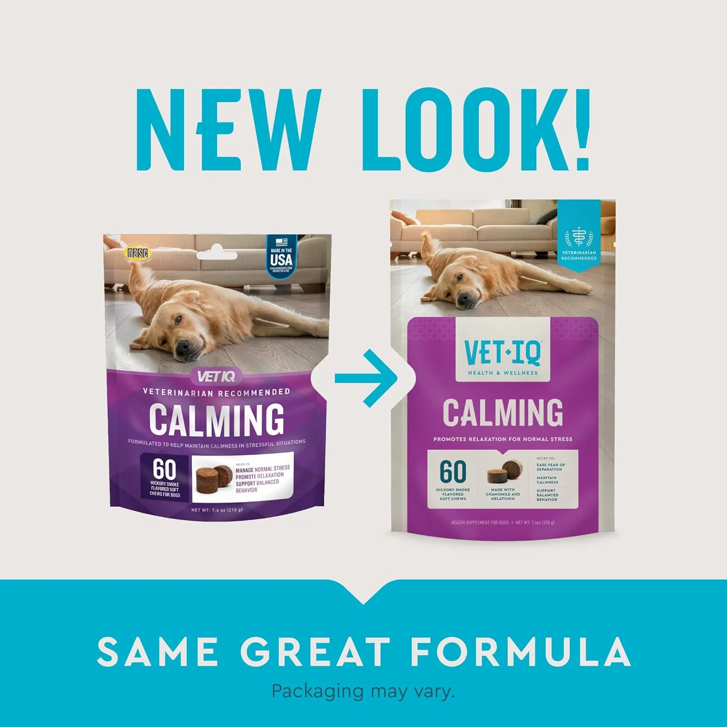 VetIQ Calming Support Supplement for Dogs, Calming Chews Help Manage Stress and Promote Relaxation, Anxiety Relief for Dogs, Made in The USA, 60 Count