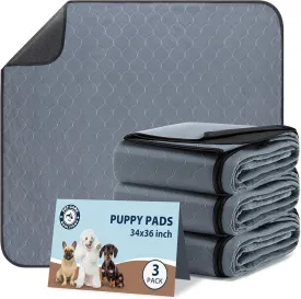 Washable Pee Pads for Dogs, 34x36 Reusable Puppy Pads with Fast Absorbent, Waterproof Reusable Pee Pads for Whelping, Traing, Incontinence and Potty, 3 Pack, Grey.