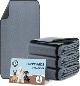 Washable Pee Pads for Dogs, 36x72 Reusable Puppy Pads with Fast Absorbent, Waterproof Reusable Pee Pads for Whelping, Traing, Incontinence and Potty, 3 Pack, Grey.