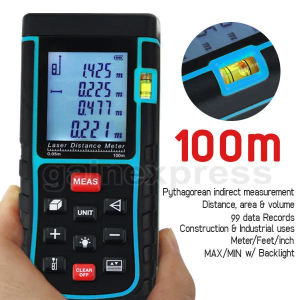 X01RZ-E100  Laser Distance 100 Meter Area Volume Pythagorean w/ Spirit Level Measurer Range Finder