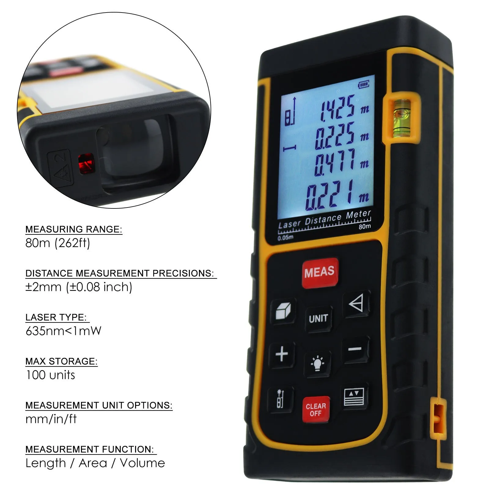 X01RZ-E80 Digital 80 Meter Laser Distance Area Volume Pythagorean Range Finder w/ Spirit Level