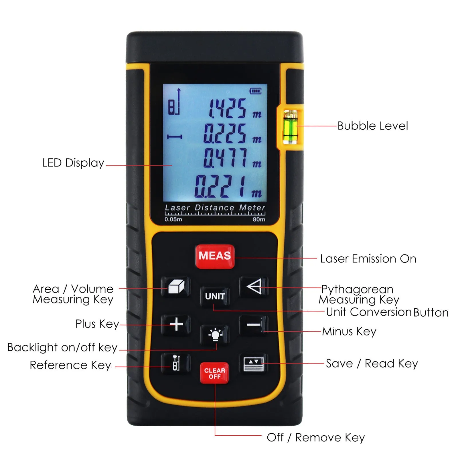 X01RZ-E80 Digital 80 Meter Laser Distance Area Volume Pythagorean Range Finder w/ Spirit Level