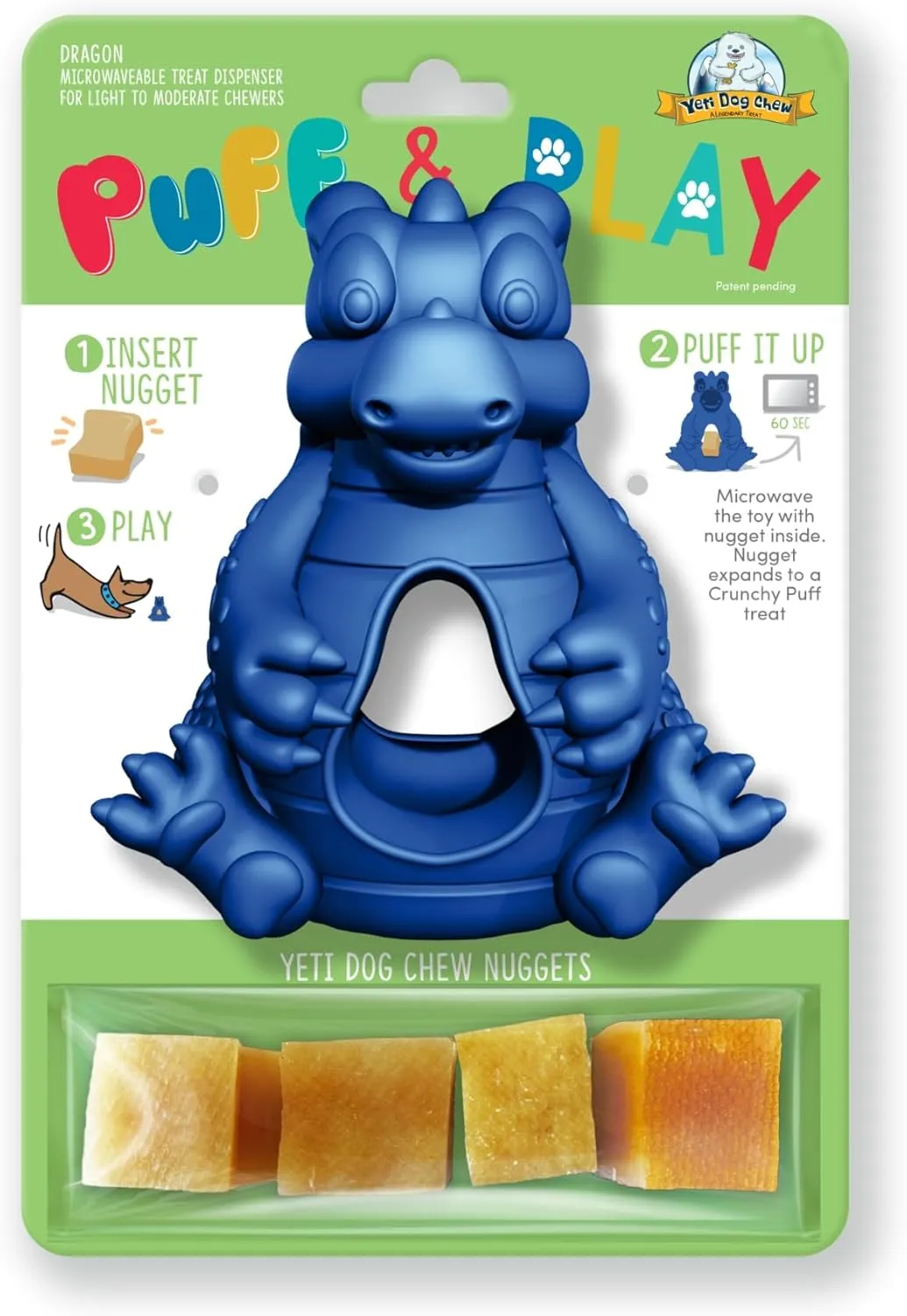 Yeti Puff and Play Dog Toy, Dog Chew Holder, Fun Stimulating Chew Toy for Teething, Behavior Training for Light to Moderate Chewers, (Blue - Dragon)