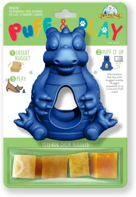 Yeti Puff and Play Dog Toy, Dog Chew Holder, Fun Stimulating Chew Toy for Teething, Behavior Training for Light to Moderate Chewers, (Blue - Dragon)